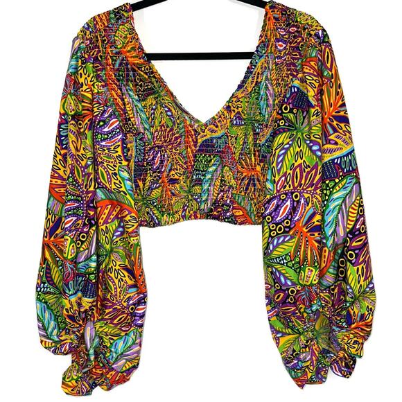 Live 4 Truth Multicolor Long Puff Sleeve Smocked Crop Top Size Medium - Picture 1 of 11
